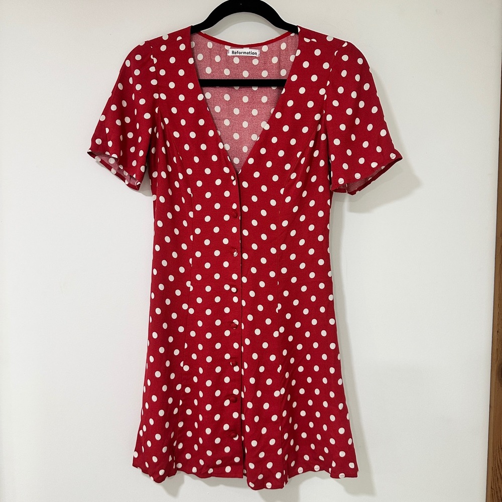Reformation Lucky Dress Womens 2 Red Polka Dot Button Front Mini Made USA